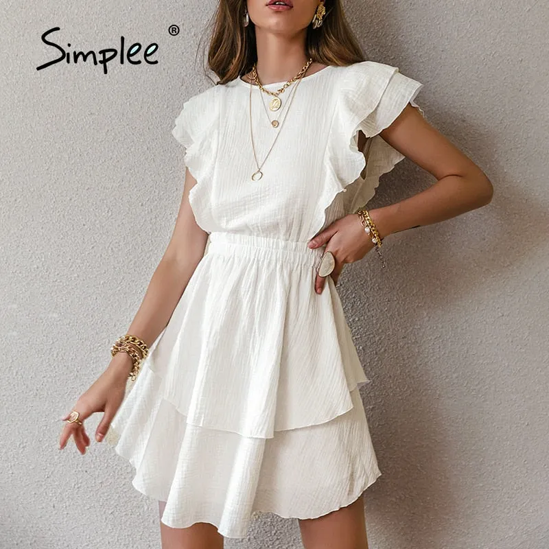 Back to College Joskaa White Cotton female chic Dresses Fashion Solid Ruffled Mid-length High-waist Vestidos Sleeveless Summer women Dress 2024