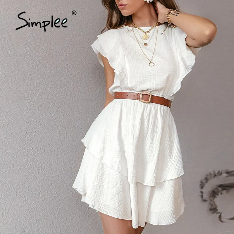 Back to College Joskaa White Cotton female chic Dresses Fashion Solid Ruffled Mid-length High-waist Vestidos Sleeveless Summer women Dress 2024
