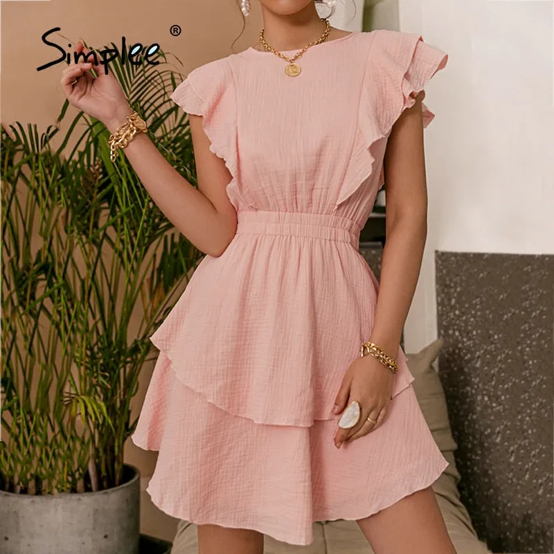 Back to College Joskaa White Cotton female chic Dresses Fashion Solid Ruffled Mid-length High-waist Vestidos Sleeveless Summer women Dress 2024