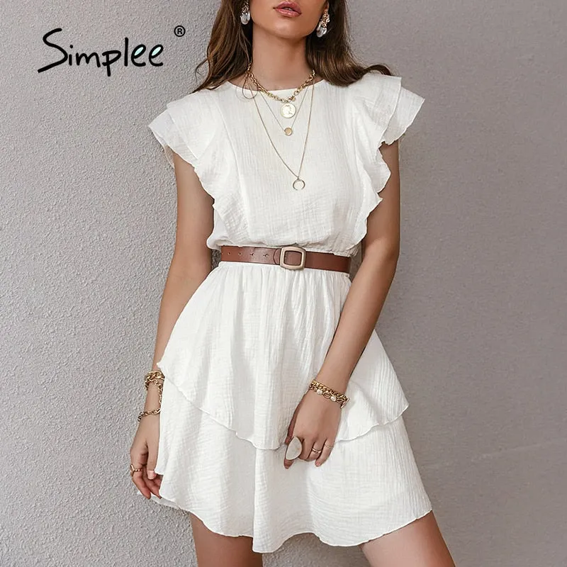 Back to College Joskaa White Cotton female chic Dresses Fashion Solid Ruffled Mid-length High-waist Vestidos Sleeveless Summer women Dress 2024