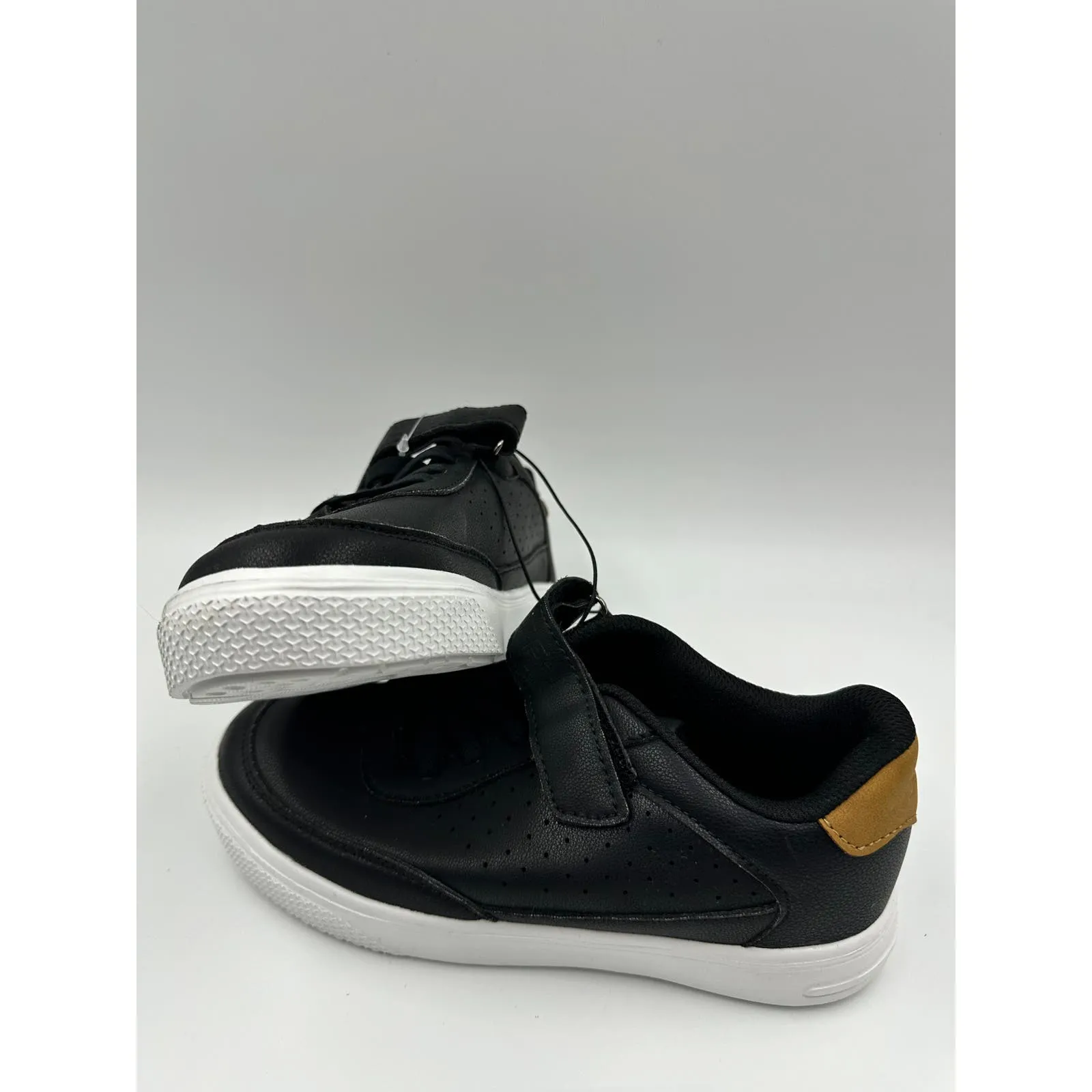 Big Kid Size 2, Black Fashion Sneaker with Strap, Brown Heel Accent & White Sole