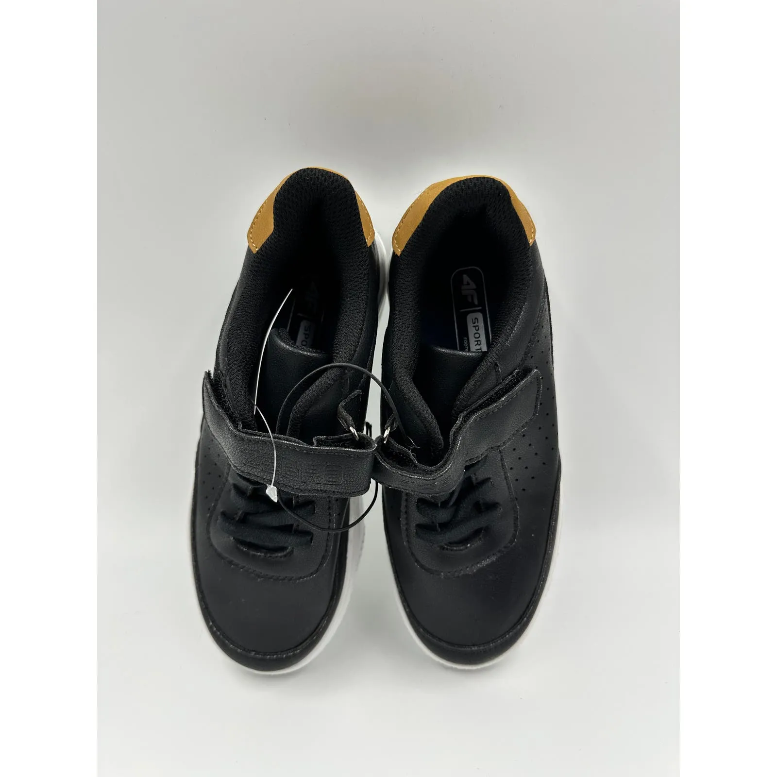 Big Kid Size 2, Black Fashion Sneaker with Strap, Brown Heel Accent & White Sole