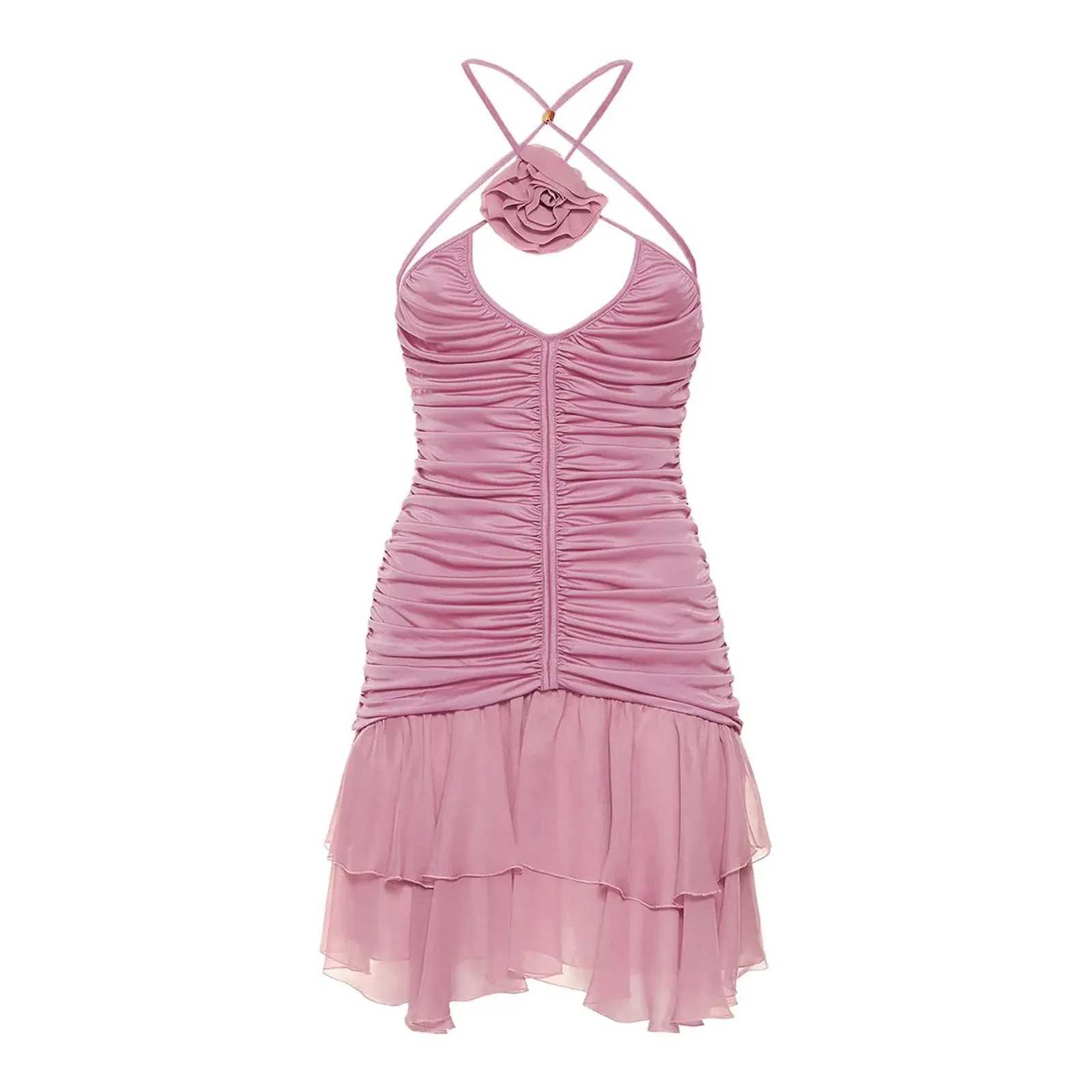 Joskaa hoco dresses Women’s Chic Summer Dress Slim Ruched Low-Cut Halter Neck Backless Pleated Ruffle Trim Mini Dress with 3D Rose Flower Streetwear