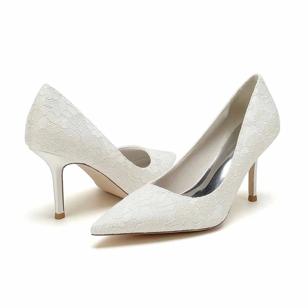 Lace Party Heels Weddng Pumps Closed Toe Heeled Bridal Shoes
