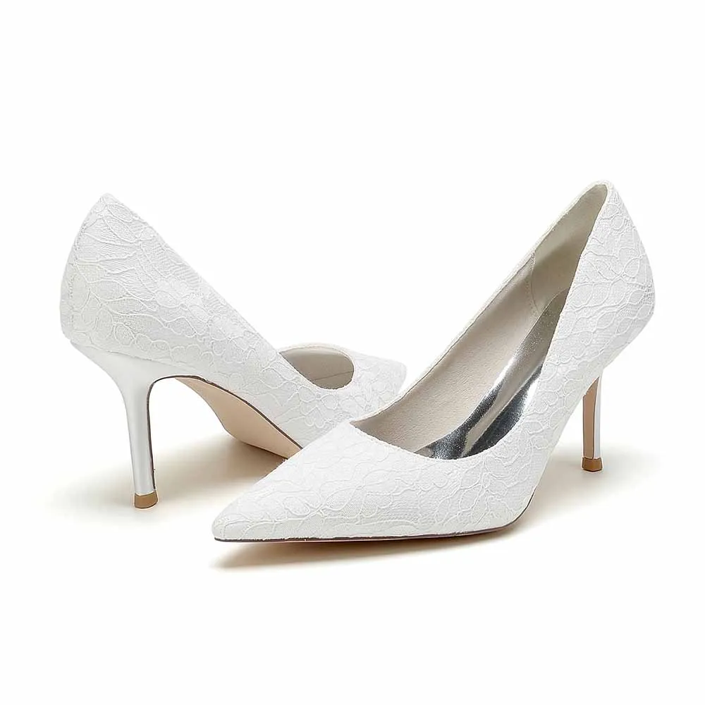 Lace Party Heels Weddng Pumps Closed Toe Heeled Bridal Shoes