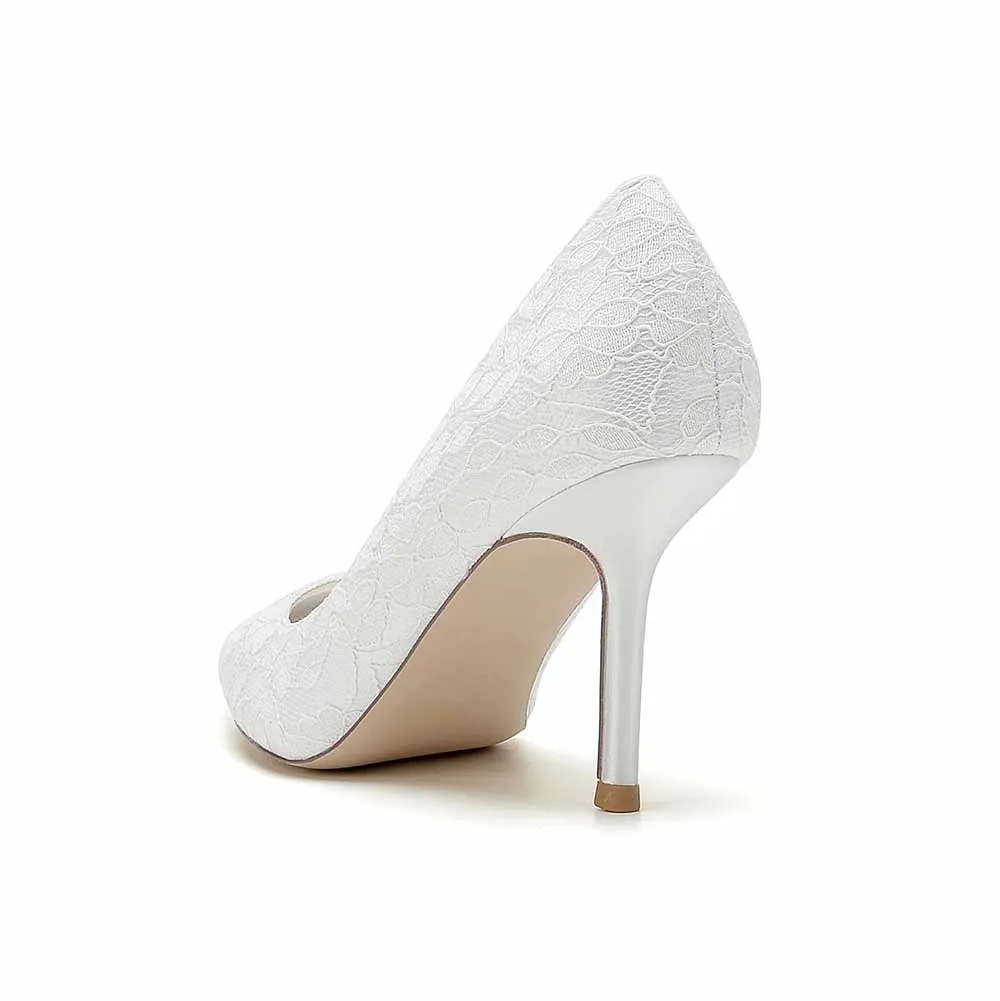 Lace Party Heels Weddng Pumps Closed Toe Heeled Bridal Shoes