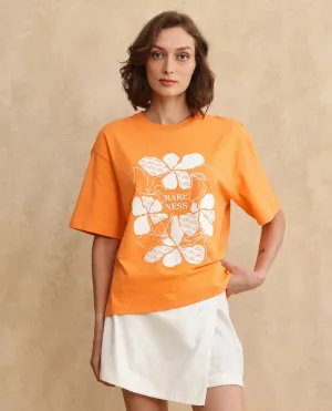 Rareism Women Stunt Orange Cotton Blend Fabric Short Sleeve Crew Neck Oversized Fit Graphic Print T-Shirt