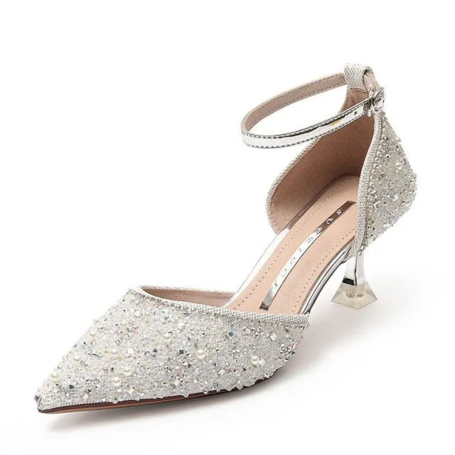 Rimocy Elegant Ladies Ankle Strap Crystal Pumps Women Sexy Thin High Heels Wedding Shoes Woman Spring Summer Pointed Toe Sandals