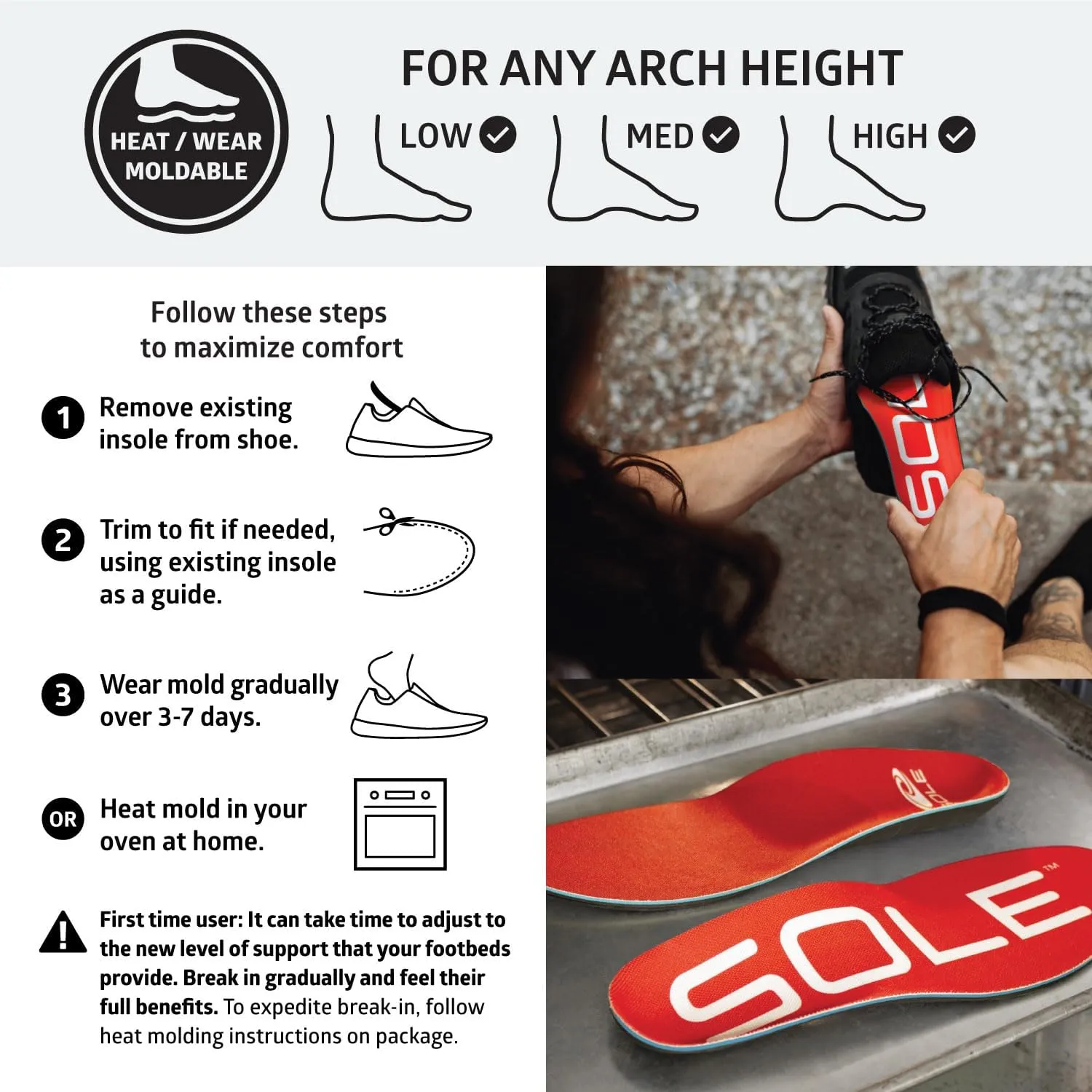 SOLE Active Medium - Plantar Fasciitis Relief Arch Support Insoles - Orthotic Shoe Inserts - Men's Size 7/Women's Size 9
