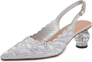 XYD Women Chic Rhinestones Pointed Toe Slingback Sandals Crystal Block Low Heels Pumps Evening Wedding Shoes