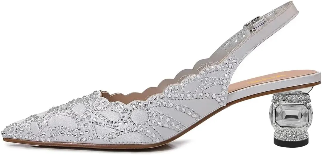 XYD Women Chic Rhinestones Pointed Toe Slingback Sandals Crystal Block Low Heels Pumps Evening Wedding Shoes