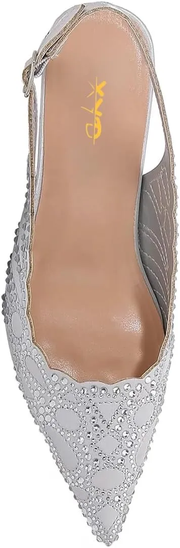 XYD Women Chic Rhinestones Pointed Toe Slingback Sandals Crystal Block Low Heels Pumps Evening Wedding Shoes