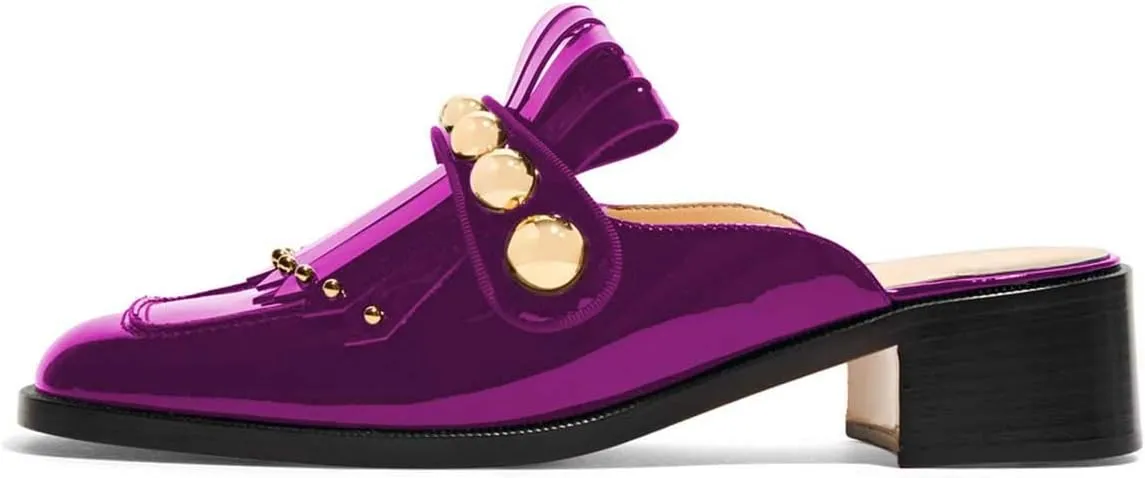 XYD Women's Chic Studs Short Low Chunky Heel Mules Tassels Square Toe Backless Casual Dress Sandals Shoes