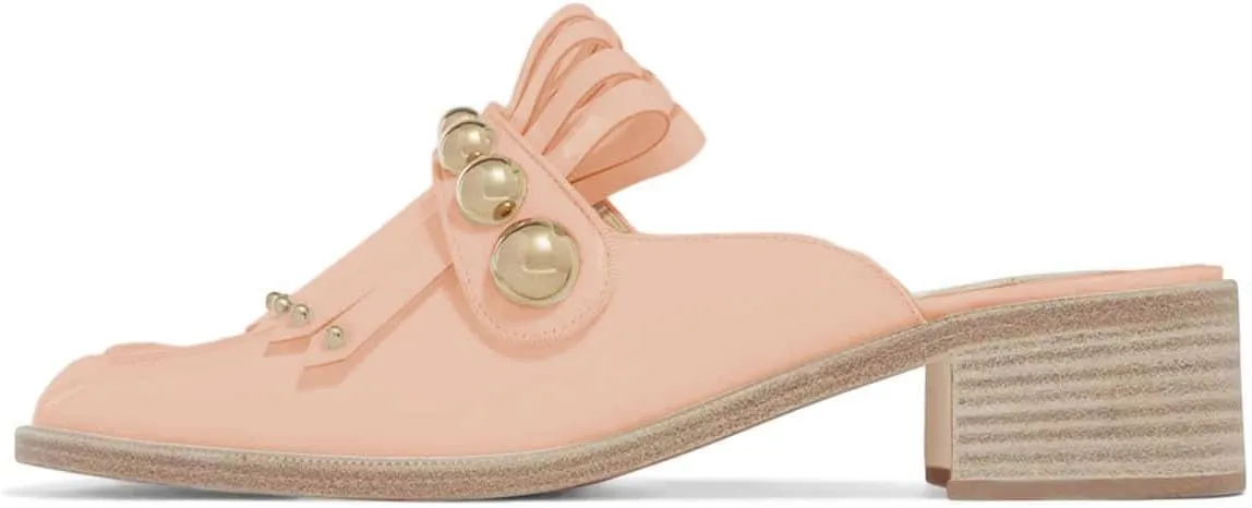 XYD Women's Chic Studs Short Low Chunky Heel Mules Tassels Square Toe Backless Casual Dress Sandals Shoes
