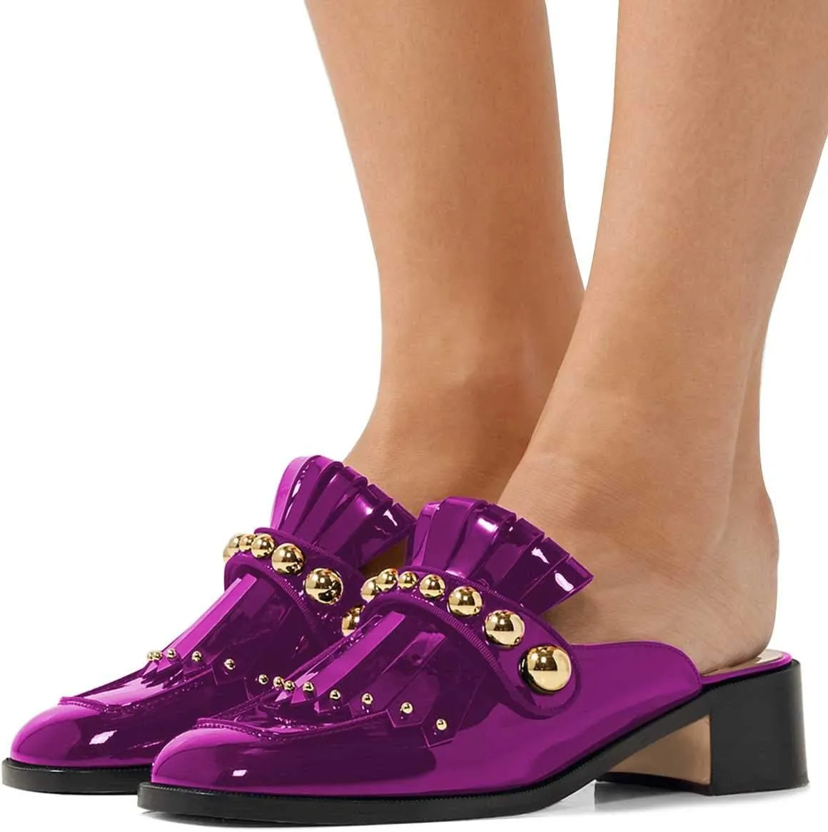 XYD Women's Chic Studs Short Low Chunky Heel Mules Tassels Square Toe Backless Casual Dress Sandals Shoes