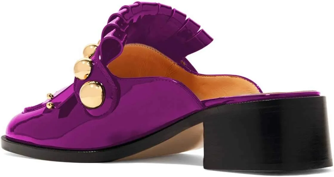XYD Women's Chic Studs Short Low Chunky Heel Mules Tassels Square Toe Backless Casual Dress Sandals Shoes