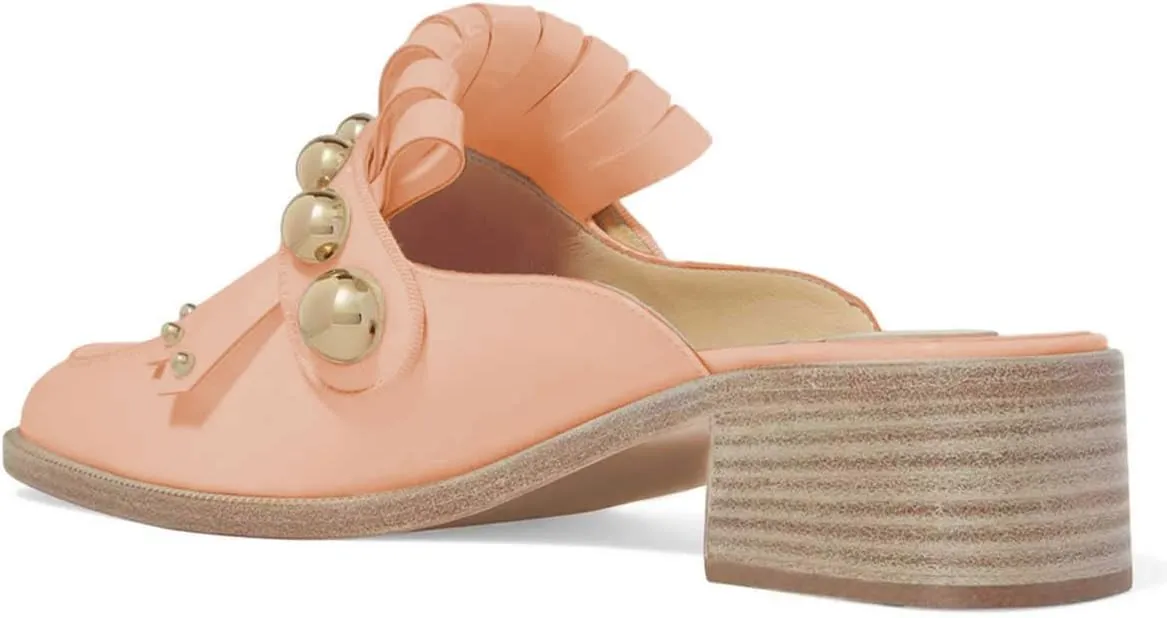 XYD Women's Chic Studs Short Low Chunky Heel Mules Tassels Square Toe Backless Casual Dress Sandals Shoes