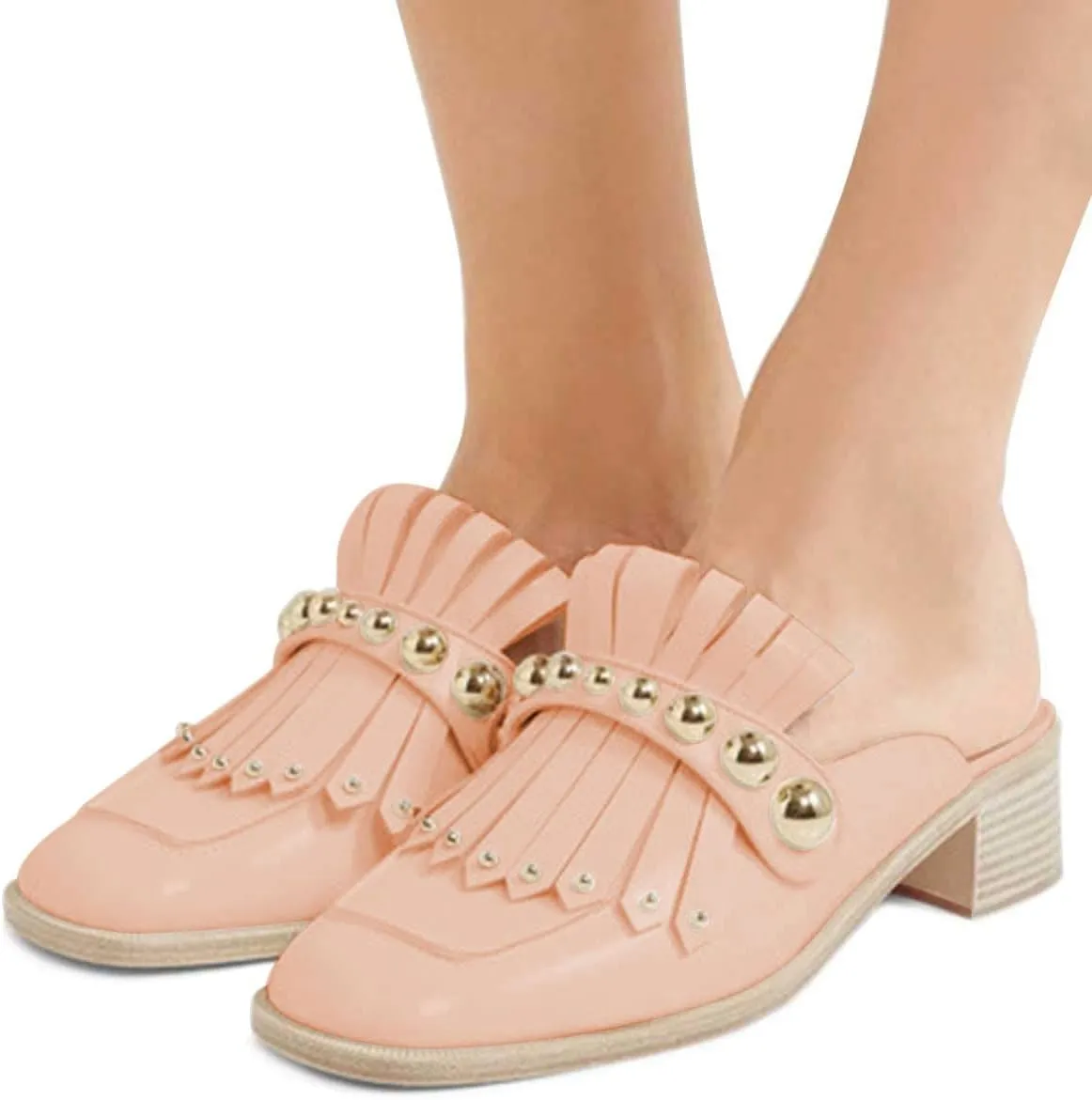 XYD Women's Chic Studs Short Low Chunky Heel Mules Tassels Square Toe Backless Casual Dress Sandals Shoes