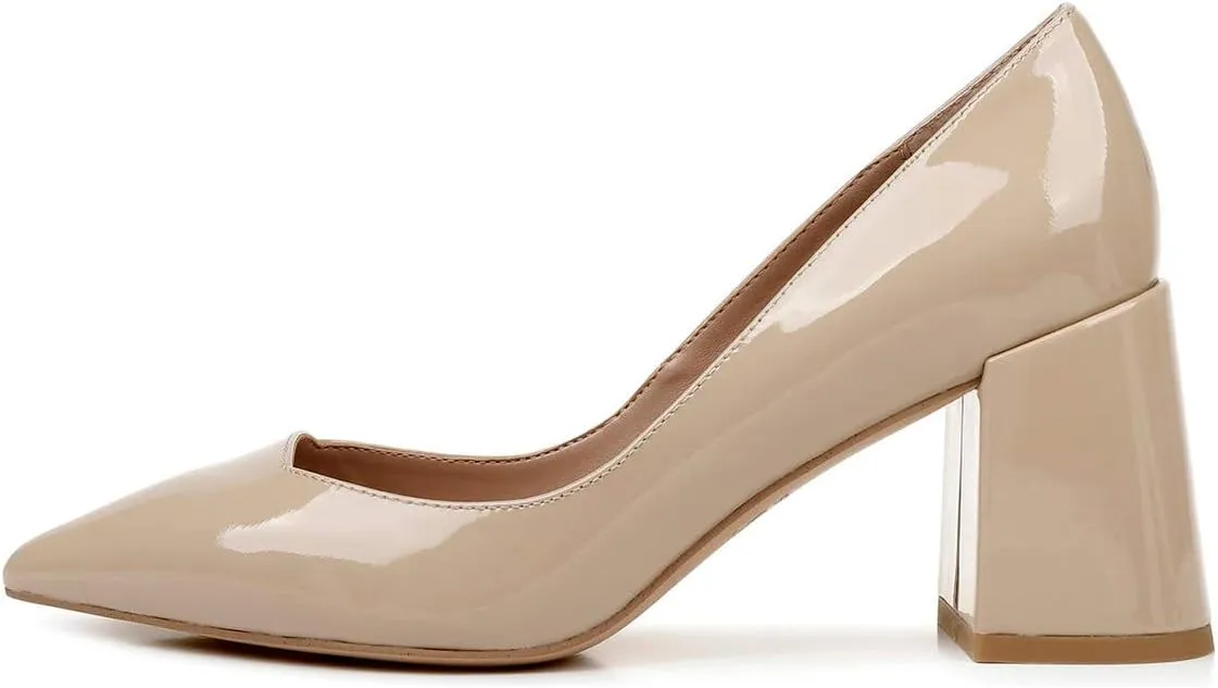 YDN Women's Chic Pointed Toe Block Chunky High Heel Pumps Slip on Patent Leather Loafers Shoes for Party Office